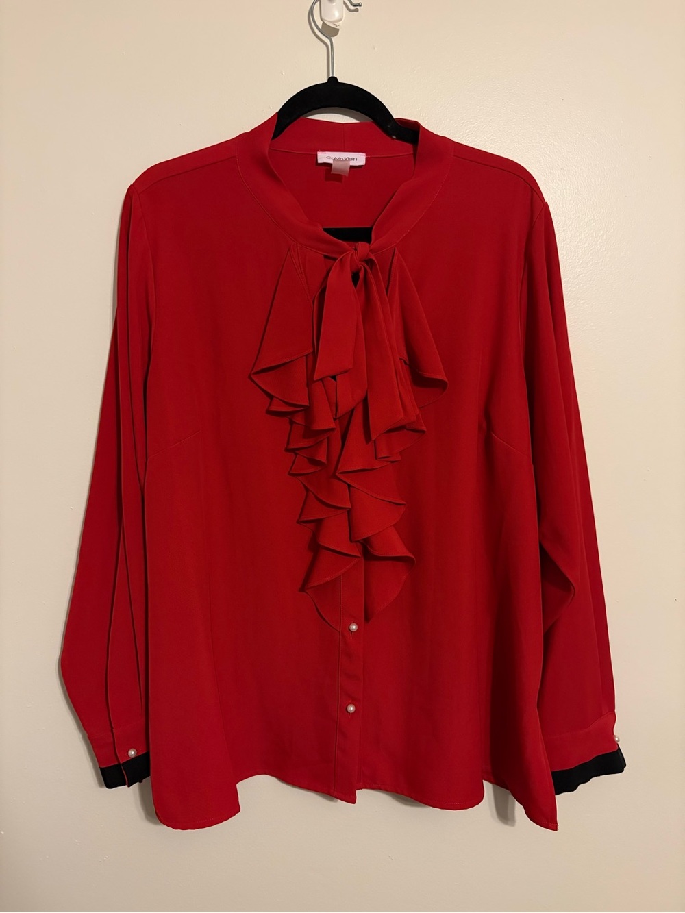 Elegant Calvin Klein Red Ruffle-Tie Blouse - Classic Women's Top